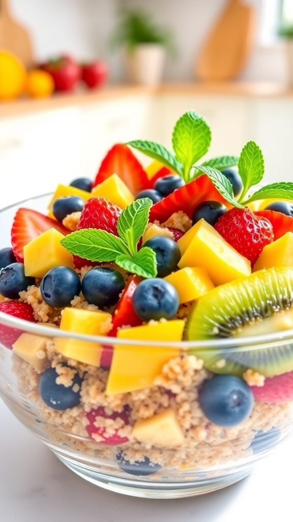 A vibrant quinoa fruit salad with strawberries, blueberries, mango, and kiwi in a glass bowl, garnished with mint.